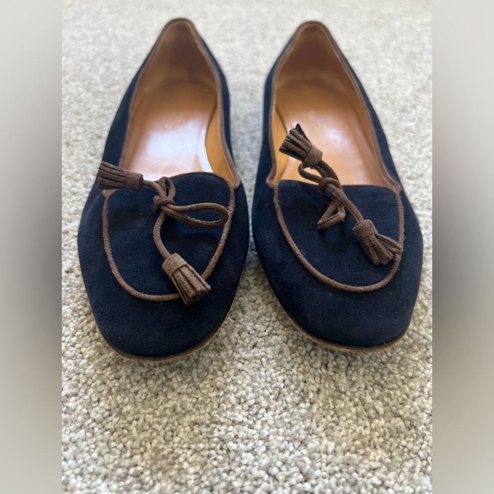 Hermès—Navy Blue Flats with Brown Trim, Sz 8.5 (EU 38.5)